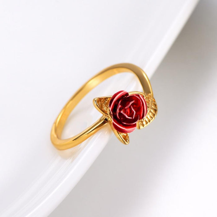 Red Rose Resizable Leaf Ring