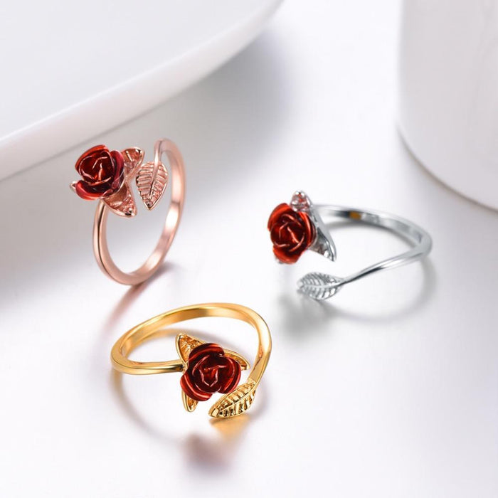 Red Rose Resizable Leaf Ring